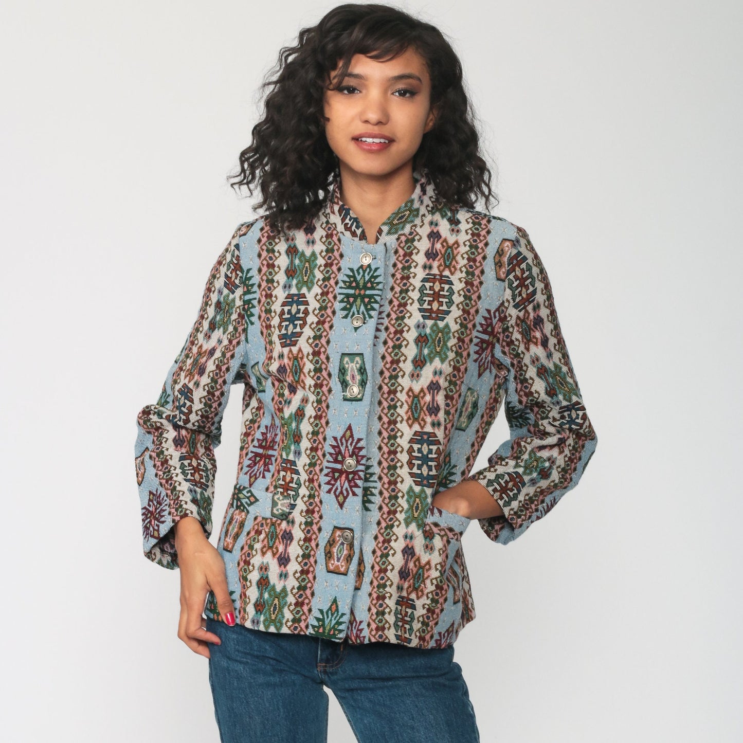 80s Southwestern Tribal Blanket Jacket Aztec Print Blue Blazer Small