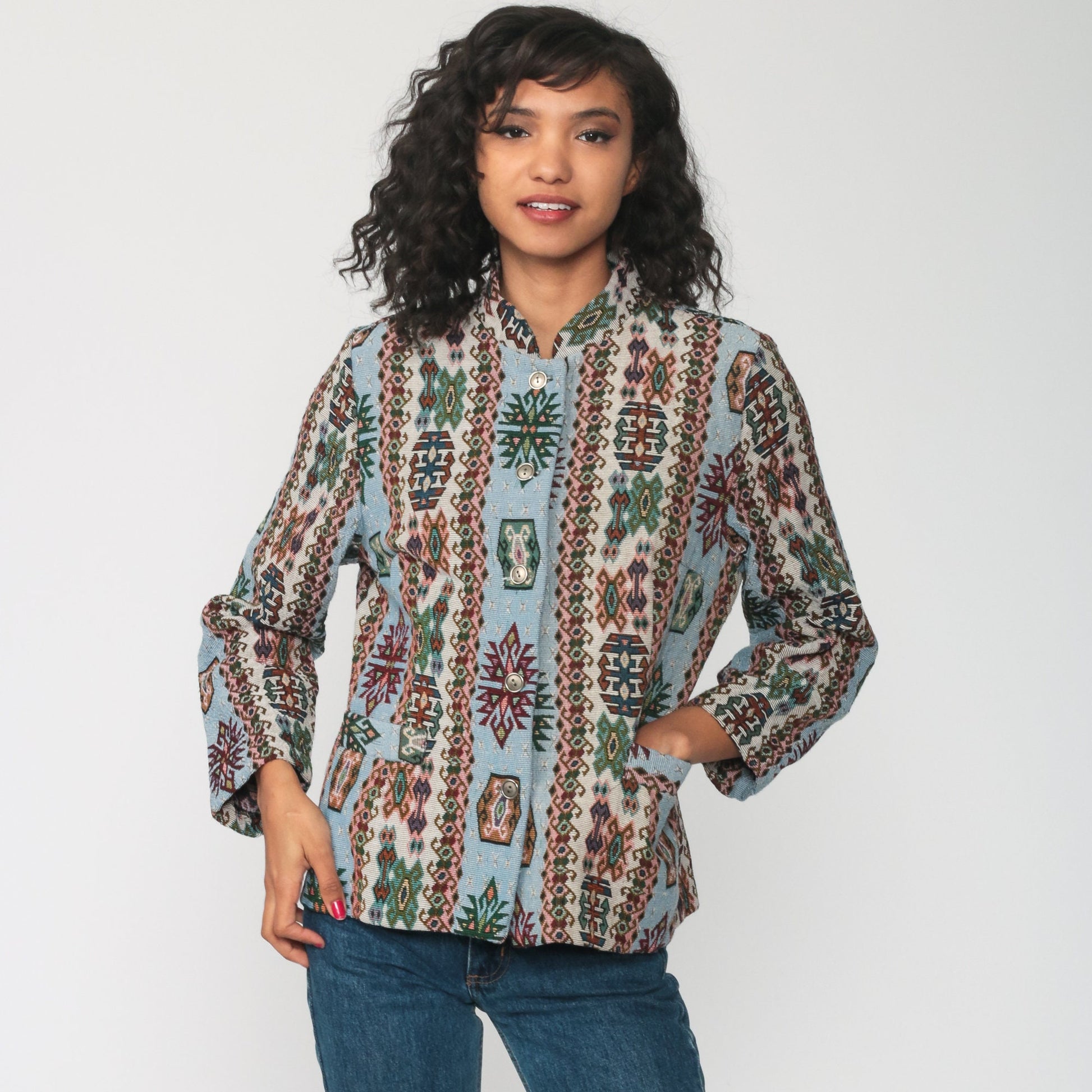 80s Southwestern Tribal Blanket Jacket Aztec Print Blue Blazer Small