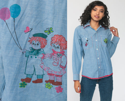 70s Raggedy Ann Andy Chambray Western Shirt Blue Graphic Button Up Medium
