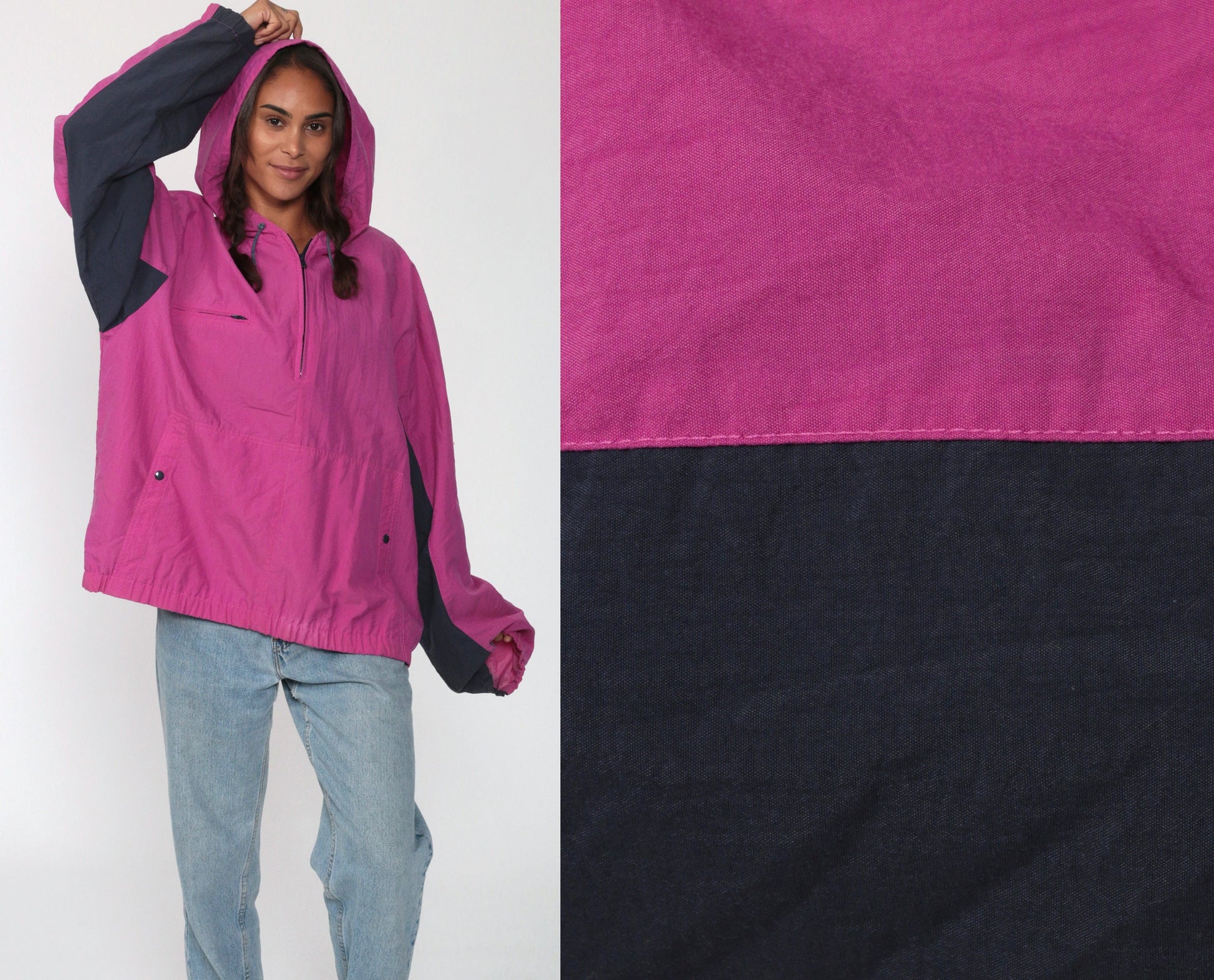 90s Izod Hooded Windbreaker Magenta Half-Zip Pullover Jacket Extra Large