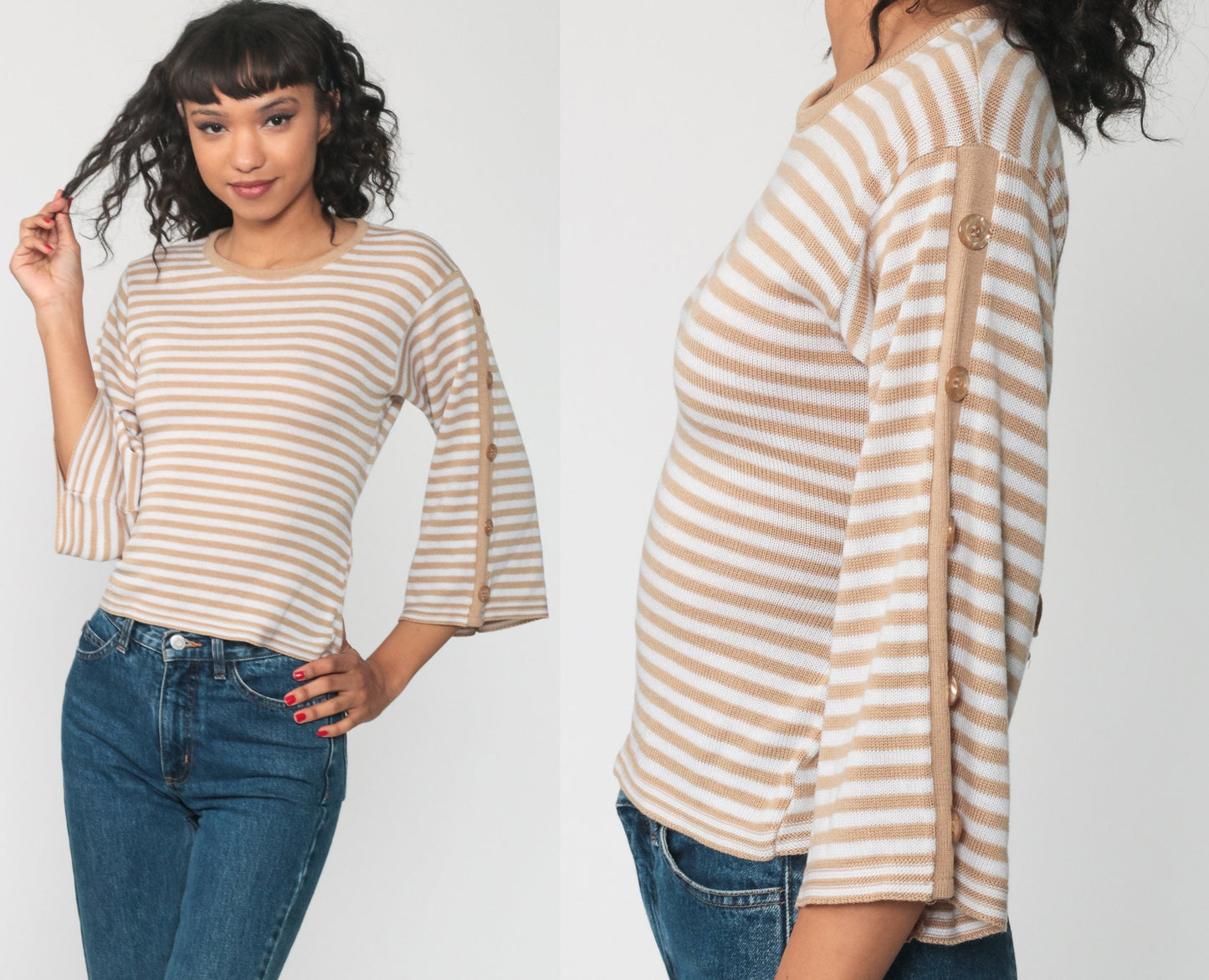 70s Tan Striped Knit Pullover Wide Sleeve Sweater Extra Small