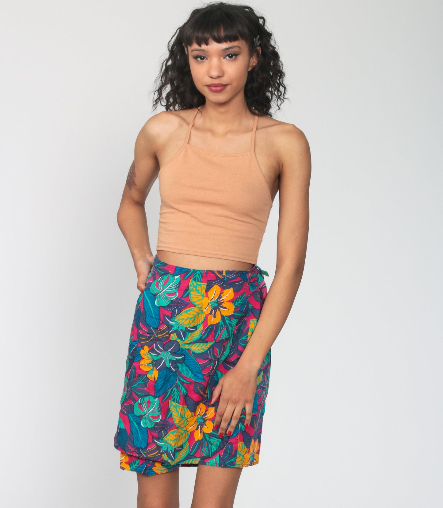 90s Tropical Floral Wrap Skirt Mini High Waist Small Medium