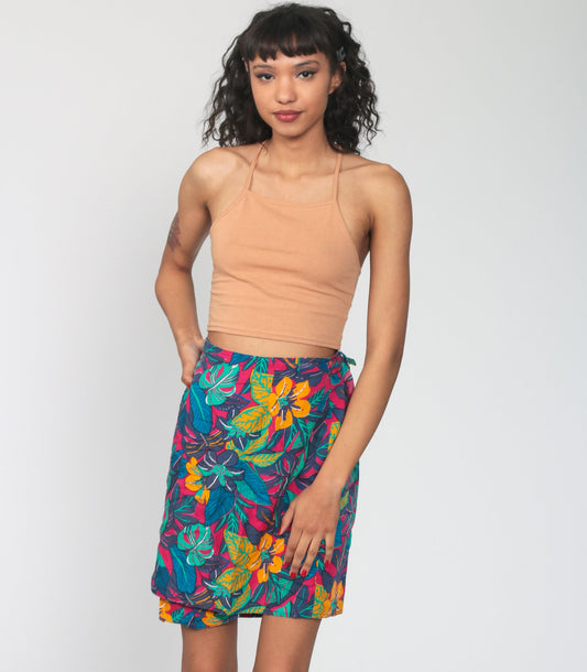 90s Tropical Floral Wrap Skirt Mini High Waist Small Medium