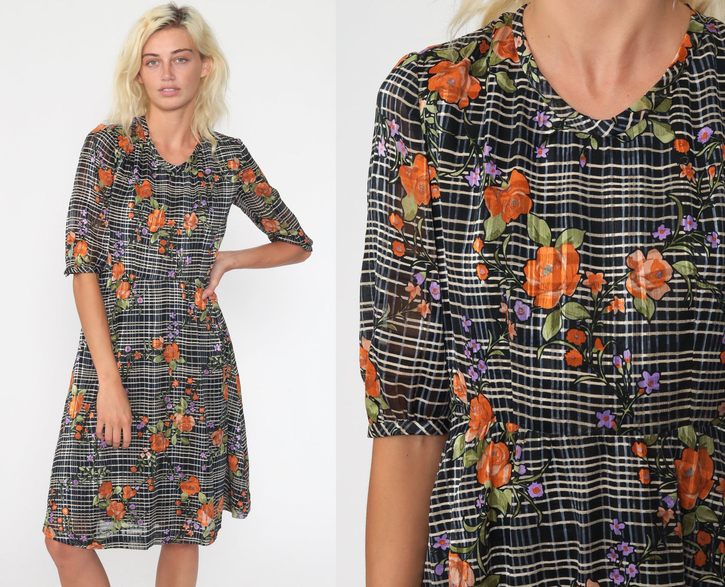 70s Floral Checkered Midi Dress High Waist Short Sleeve Black White Orange Small