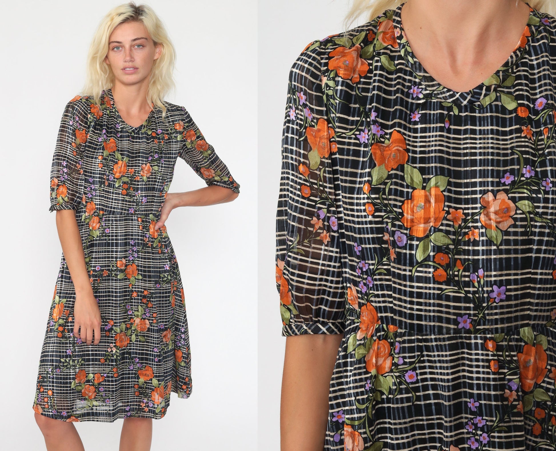 70s Floral Checkered Midi Dress High Waist Short Sleeve Black White Orange Small