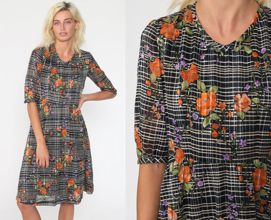 70s Floral Checkered Midi Dress High Waist Short Sleeve Black White Orange Small
