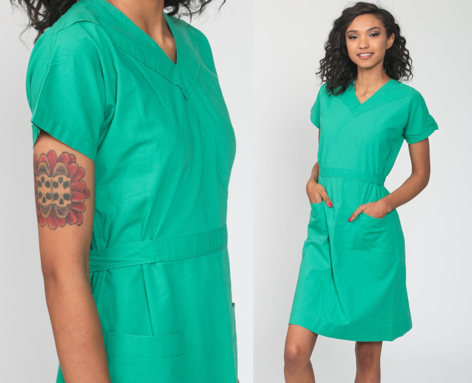 70s Green Midi Dress Cap Sleeve High Waist V Neck Pocket Small