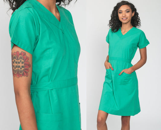 70s Green Midi Dress Cap Sleeve High Waist V Neck Pocket Small