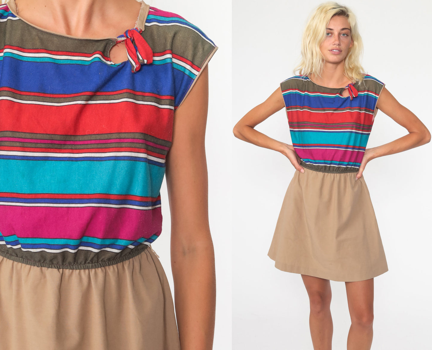 70s Striped Mini Dress Keyhole Neckline High Waist Cap Sleeve Small