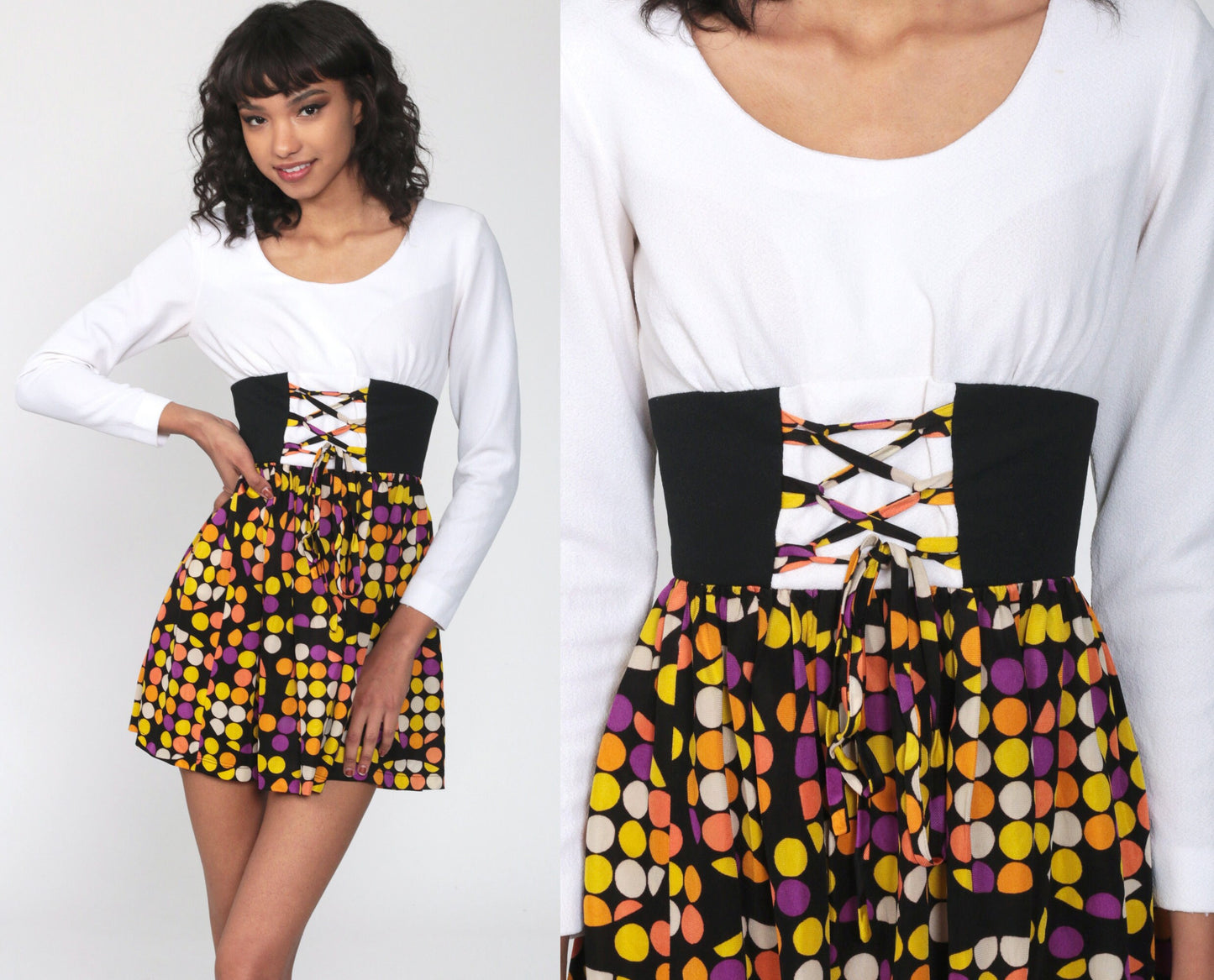 70s Babydoll Mini Dress Circle Print Lace-Up Empire Waist Extra Small