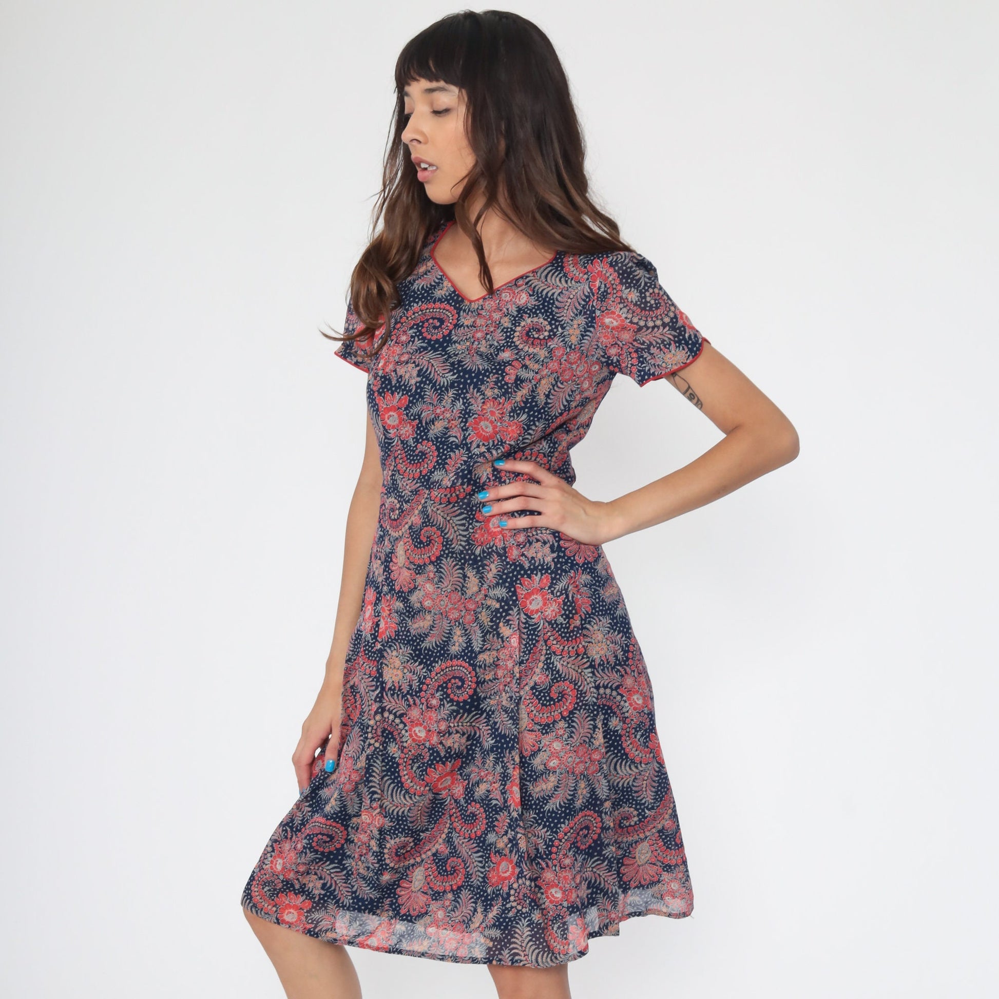 70s Floral Mini Shift Dress Puff Sleeve Red Navy Small