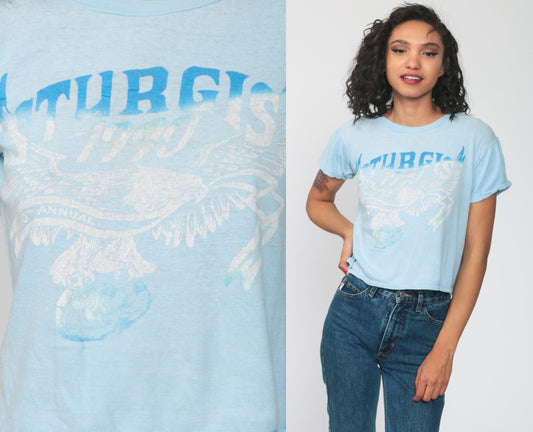 1990 Sturgis Bald Eagle Motorcycle Graphic T-Shirt Baby Blue Burnout Small