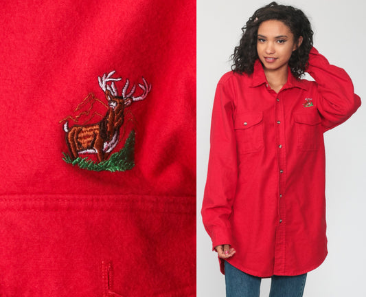 90s Scheels Sports Outfitters Deer Graphic Button-Up Shirt Red Cotton Large Tall