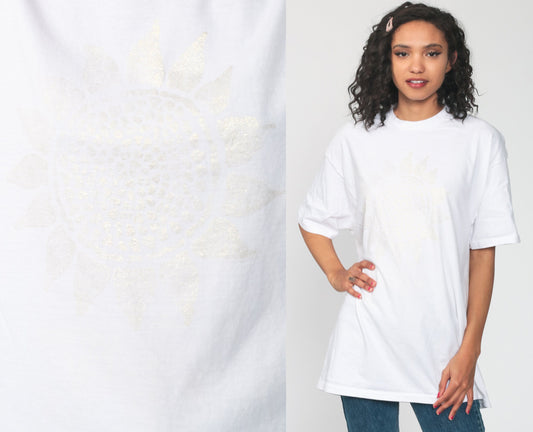 90s Sunflower Glitter Graphic T-Shirt White Cotton Tee Large
