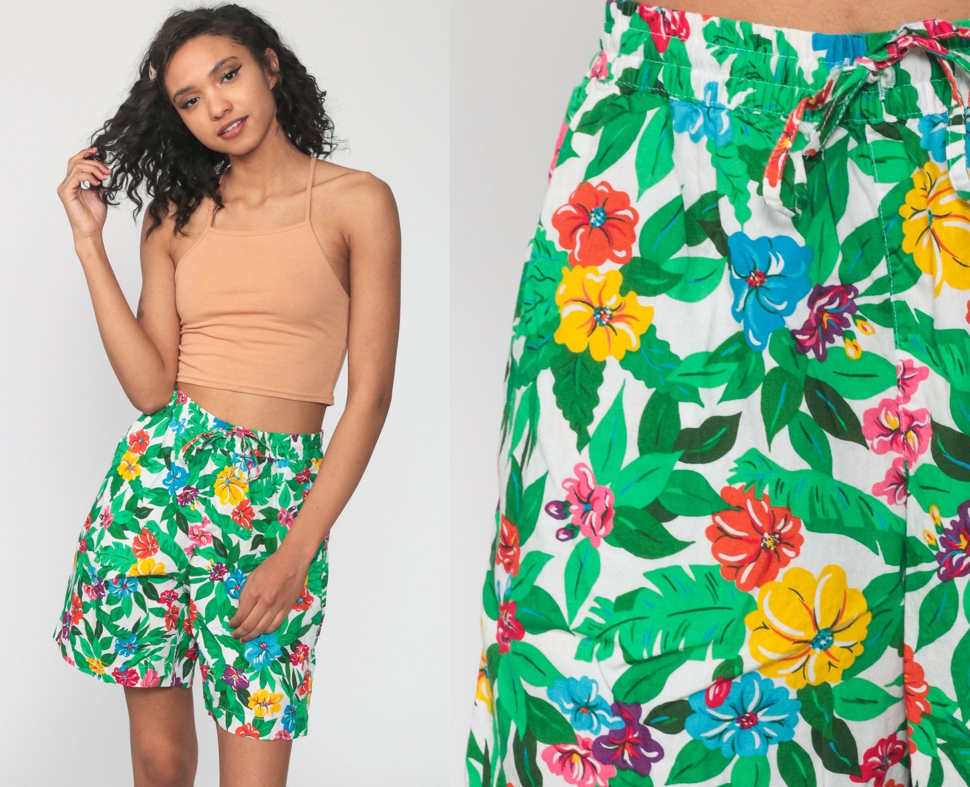 90s Liz Sport Tropical Floral High-Waist Shorts Green Small