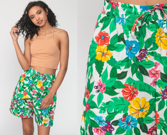 90s Liz Sport Tropical Floral High-Waist Shorts Green Small