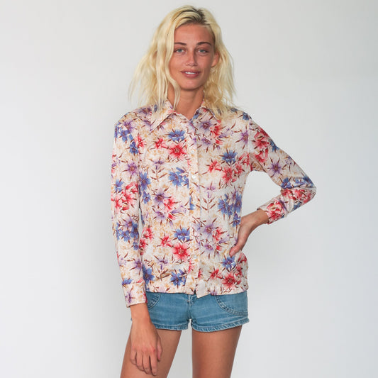70s Floral Button Up Shirt Pointed Collar Long Sleeve Flower Print Small