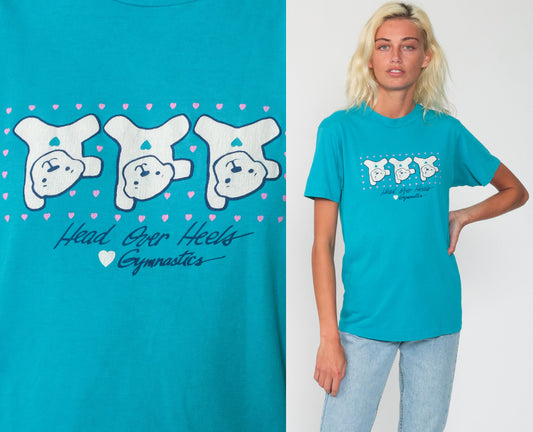 80s Gymnastics Teddy Bear Graphic T-Shirt Single Stitch Cotton Small