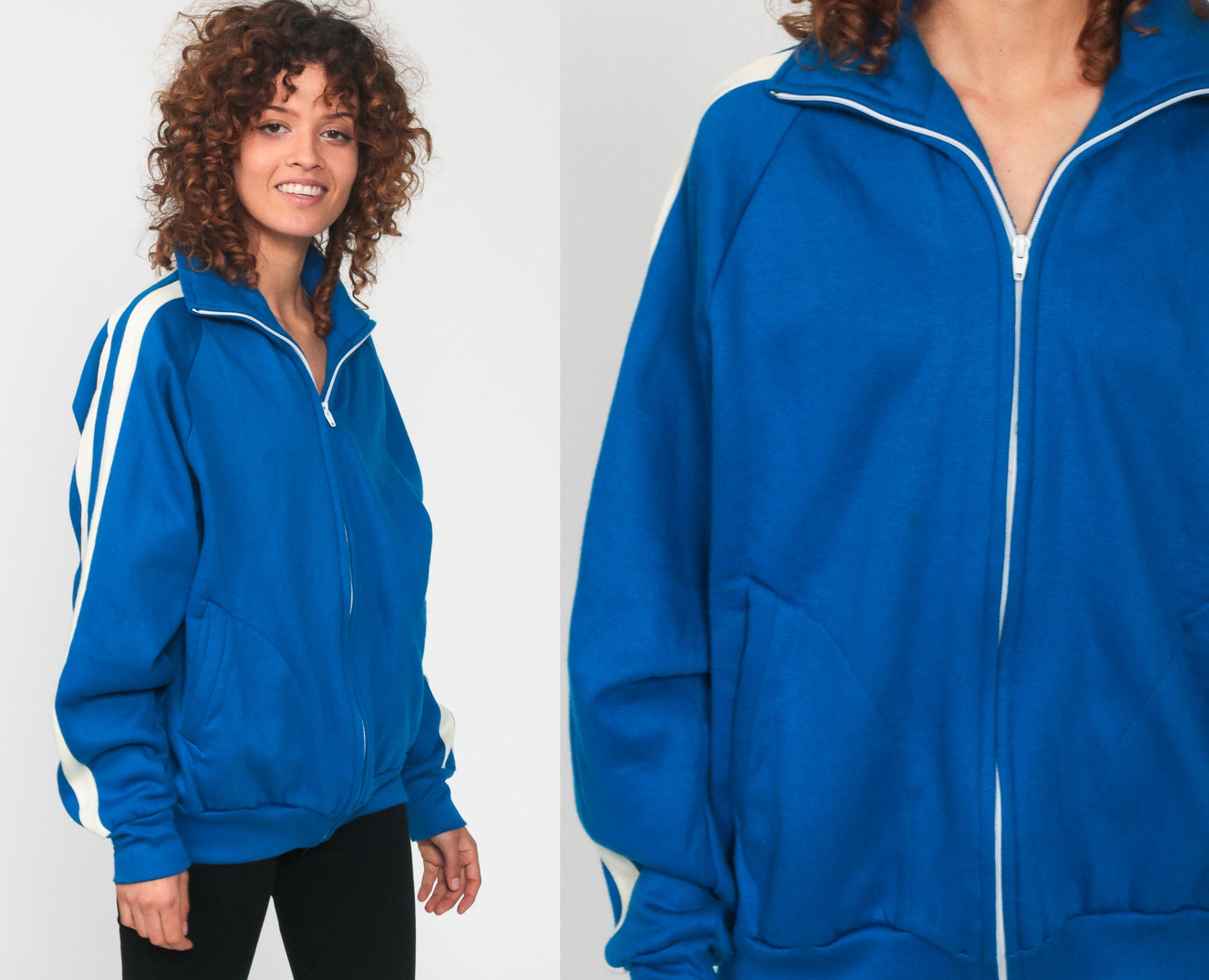 80s Royal Blue Striped Raglan Track Jacket Zip Up Small Medium