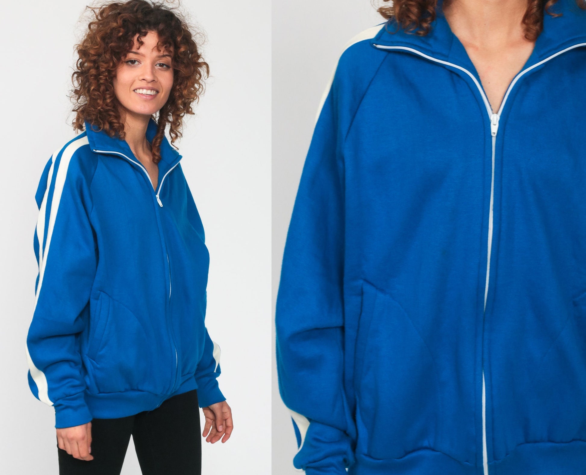 80s Royal Blue Striped Raglan Track Jacket Zip Up Small Medium