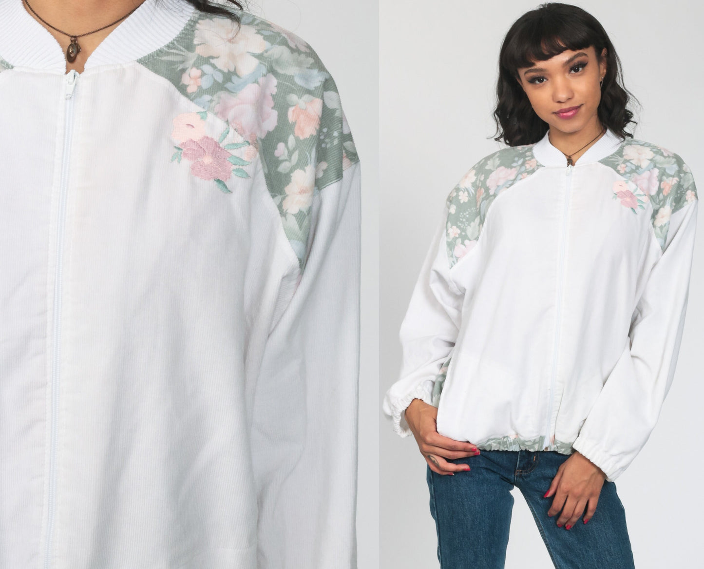 80s Floral Embroidered Bomber Jacket White Windbreaker Zip-Up Medium
