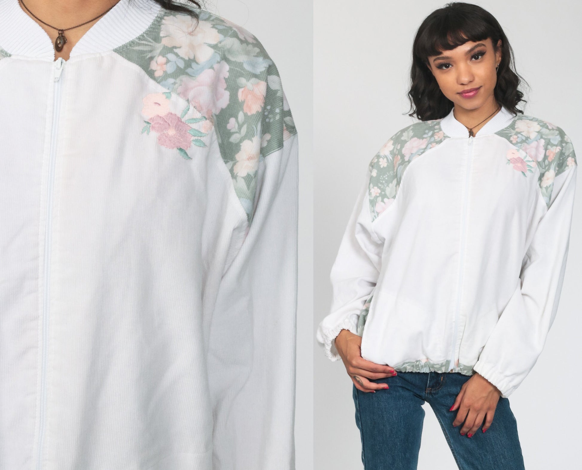 80s Floral Embroidered Bomber Jacket White Windbreaker Zip-Up Medium