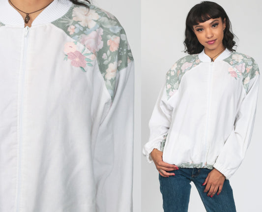 80s Floral Embroidered Bomber Jacket White Windbreaker Zip-Up Medium