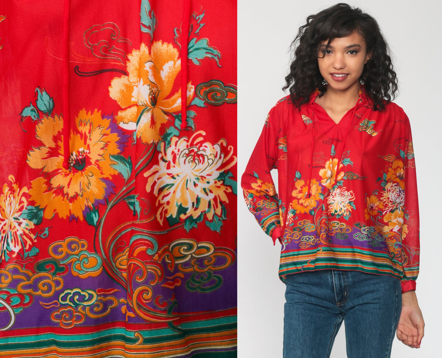 70s Red Floral Print Long Sleeve Blouse Tunic Medium Large