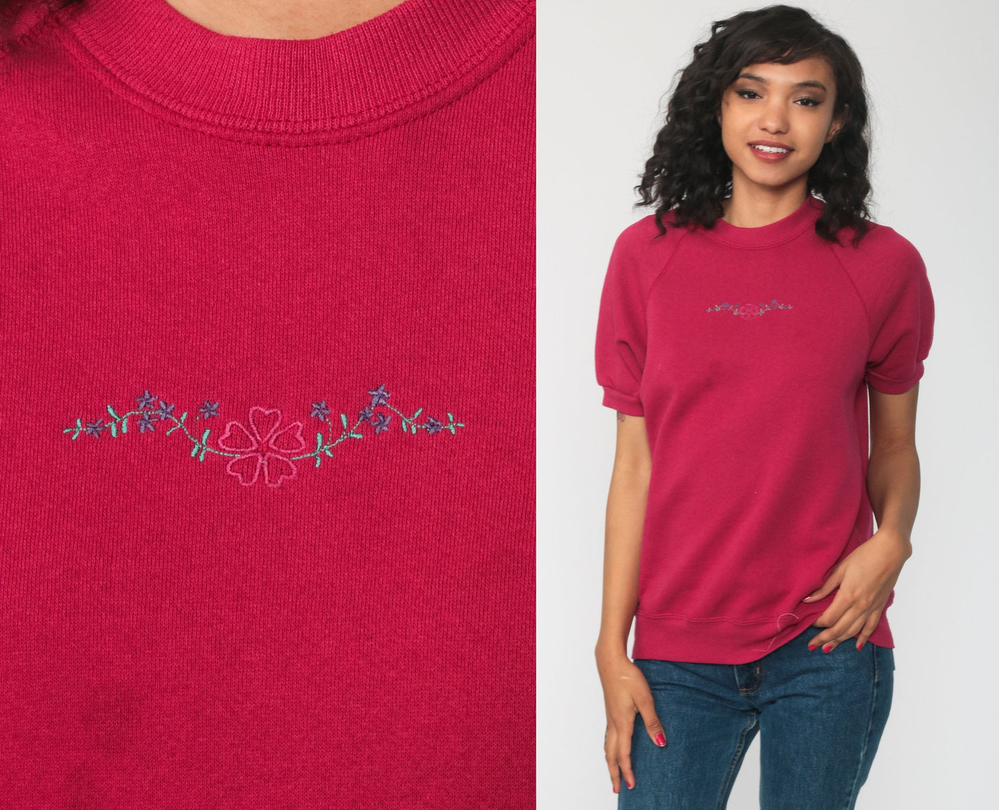 80s Lee Floral Embroidered Short Sleeve Sweatshirt Pink Medium