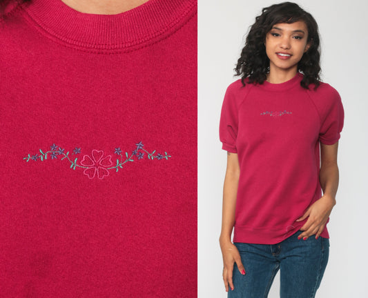 80s Lee Floral Embroidered Short Sleeve Sweatshirt Pink Medium