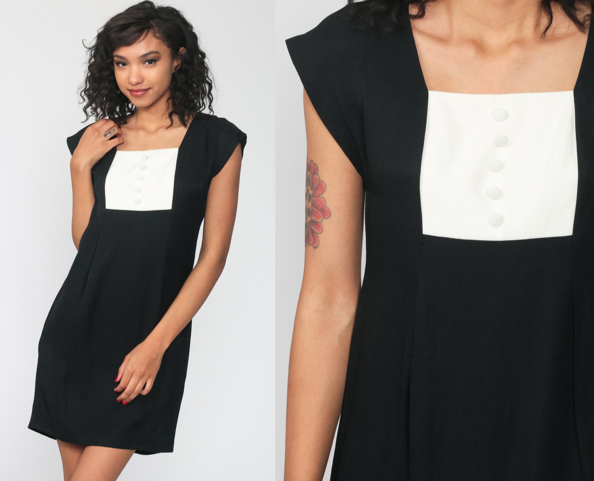 90s Black Mini Dress with Off-White Bib Cap Sleeves Sheath Small