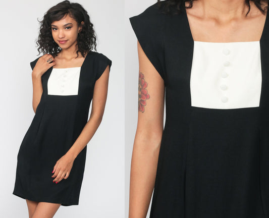 90s Black Mini Dress with Off-White Bib Cap Sleeves Sheath Small
