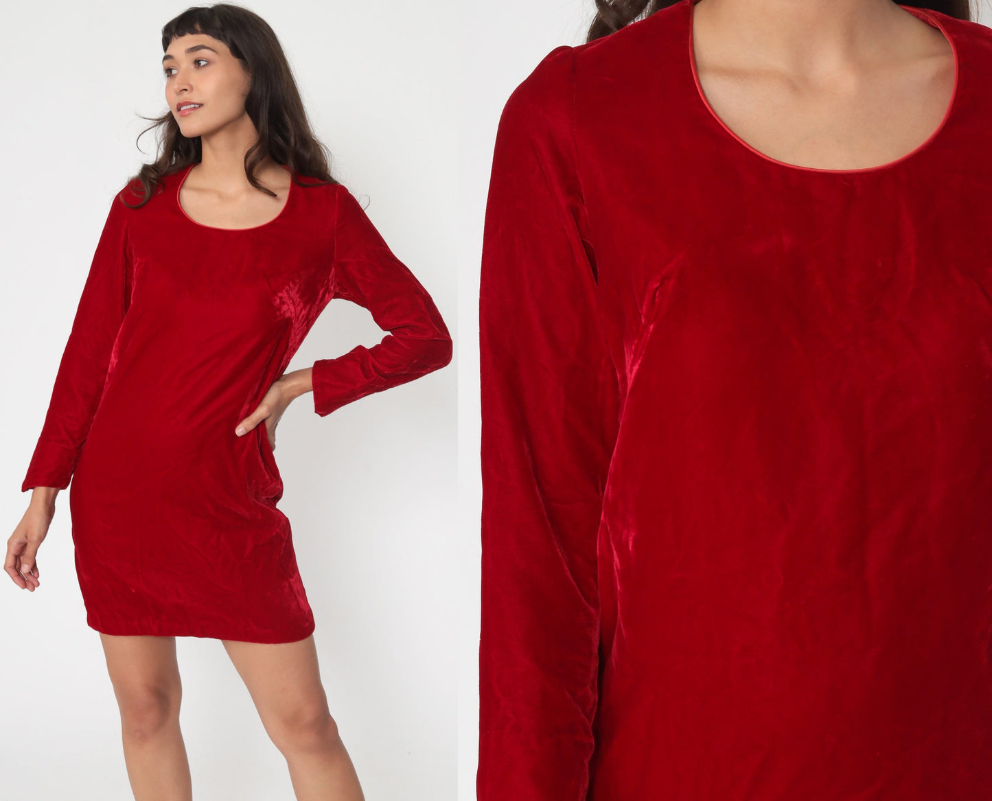 60s Red Velvet Mini Dress Long Sleeve Shift Mod Small