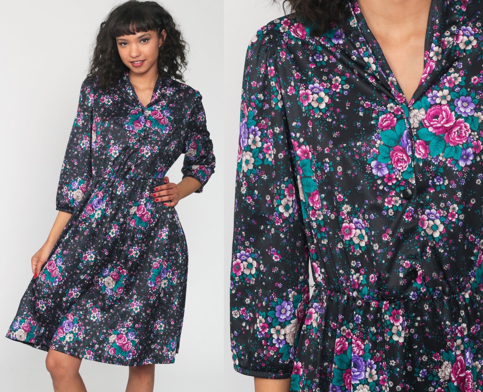 70s Floral Midi Dress High Waist Button Up Long Sleeve Black Purple Medium