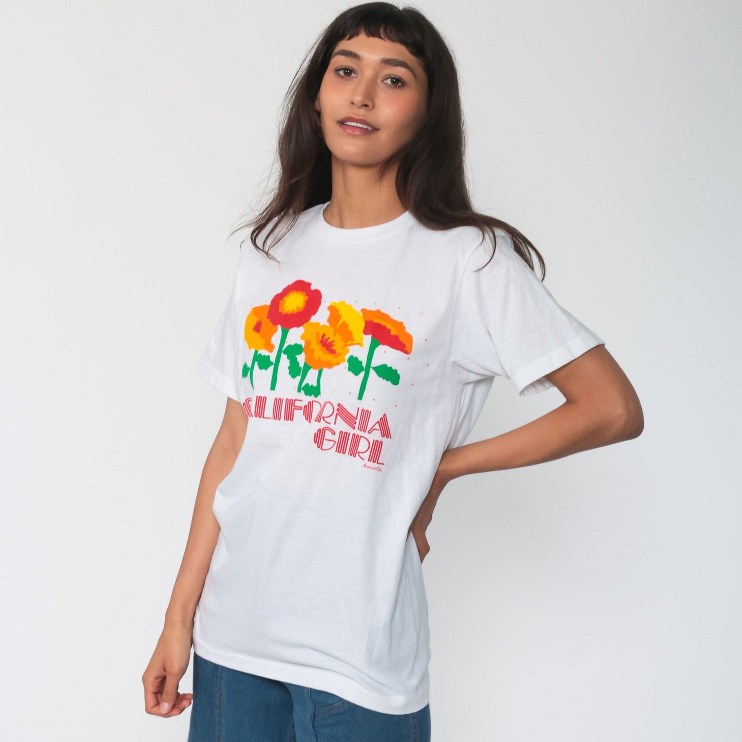 80s California Girl Poppy Graphic T-Shirt Single Stitch Floral Tee Medium