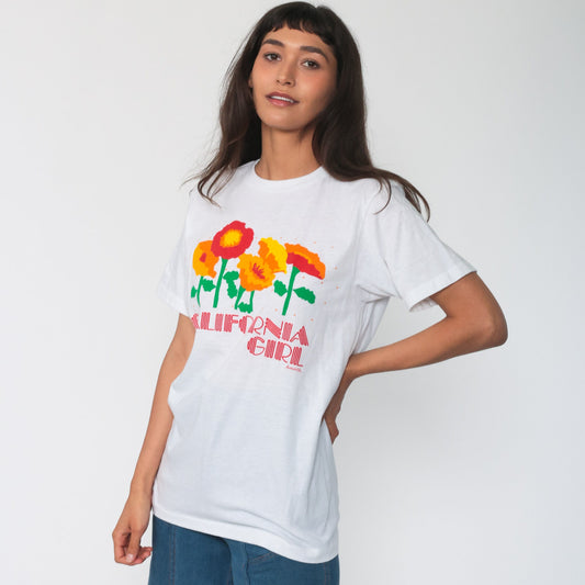 80s California Girl Poppy Graphic T-Shirt Single Stitch Floral Tee Medium