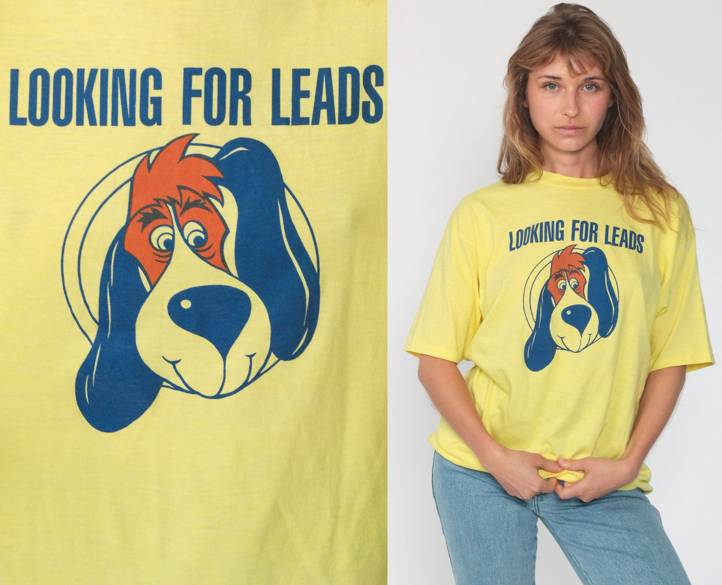 80s Dog Pun Graphic T-Shirt Looking For Leads Yellow Unisex Medium