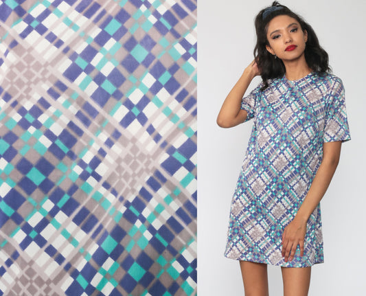 60s Mod Checkered Mini Shift Dress Purple Plaid Short Sleeve Medium Large