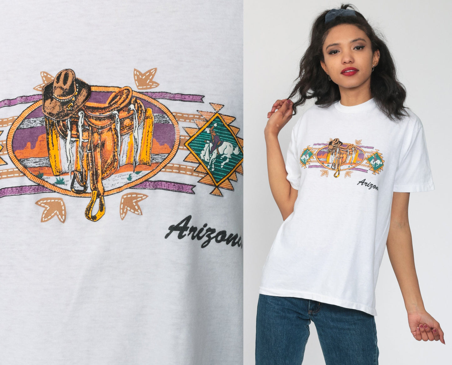 80s Arizona Cowboy Saddle Graphic T-Shirt Western Boot Print Small
