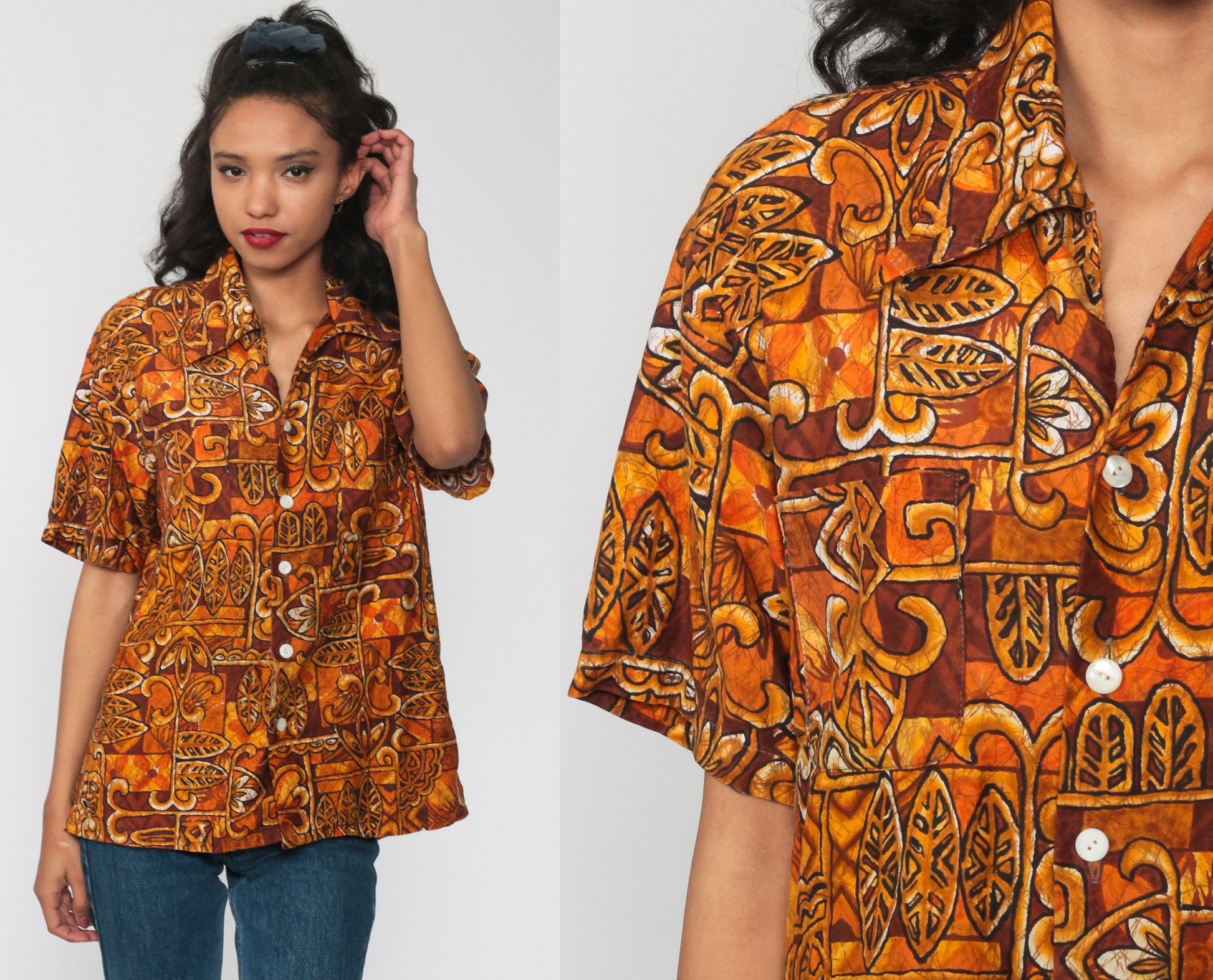 70s Hawaiian Tiki Print Button-Up Shirt Orange Tropical Blouse Medium Large