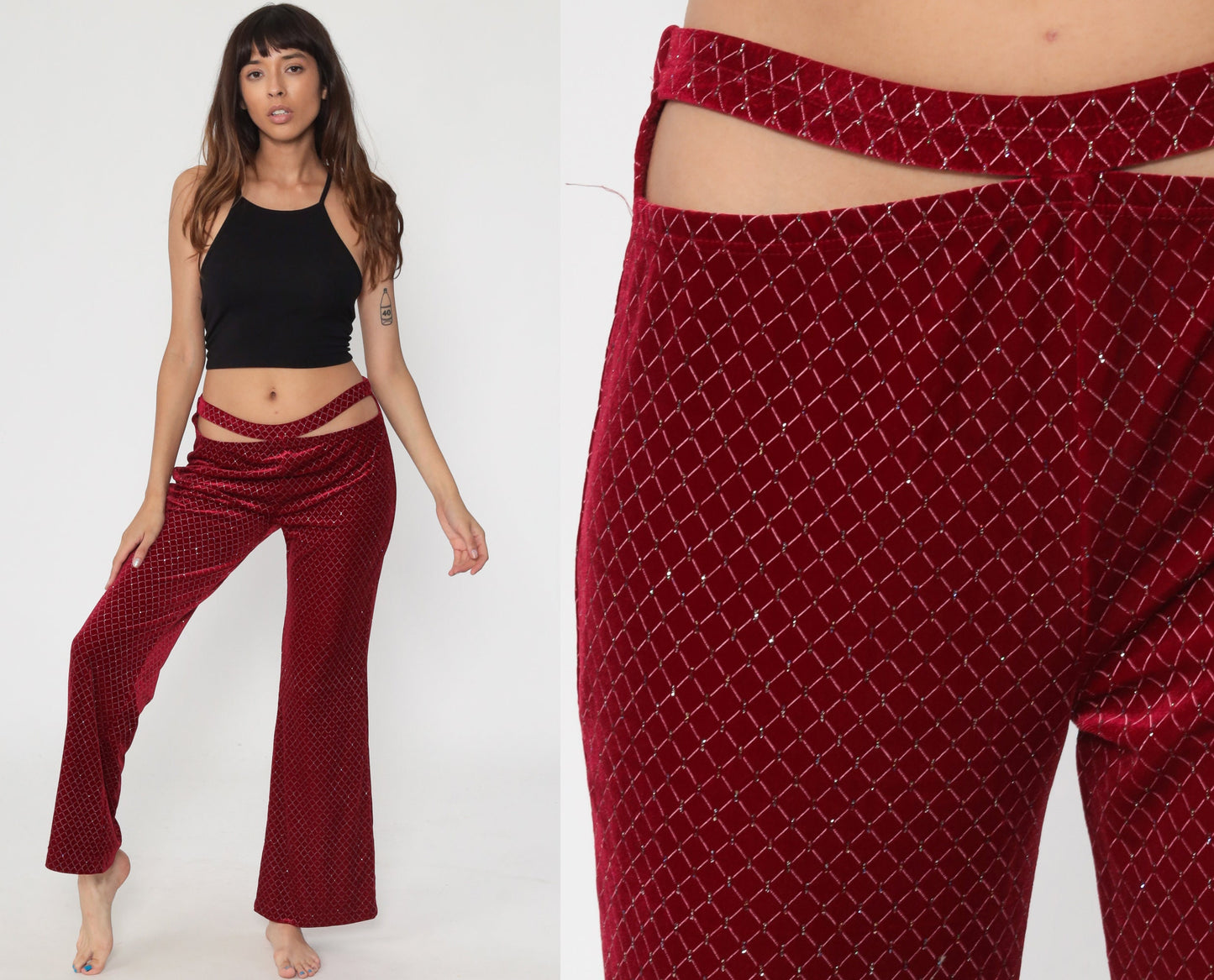 90s Red Velvet Bell Bottom Pants Glitter Cutout Clubwear Medium Large