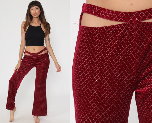 90s Red Velvet Bell Bottom Pants Glitter Cutout Clubwear Medium Large