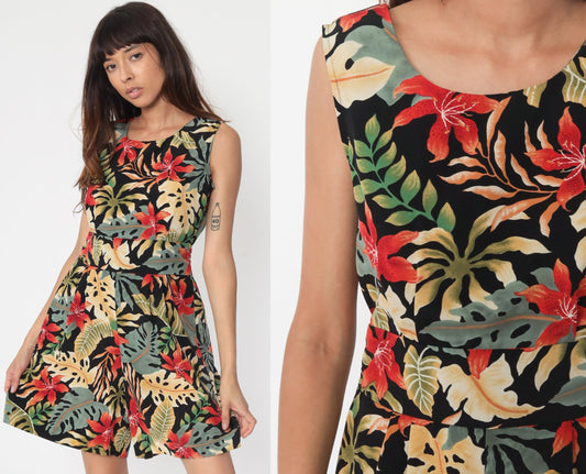 80s Black Tropical Romper Playsuit Back Cutout Cap Sleeve Small