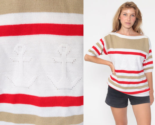 80s Anchor Nautical Striped Knit Sweater White Red Boatneck Short Sleeve Large