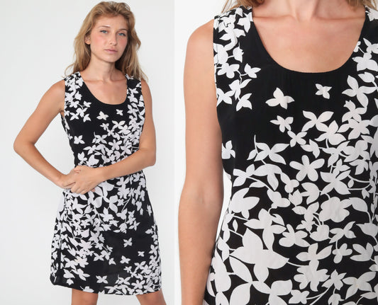 90s Black Floral Rayon Mini Dress Sleeveless Shift with Belt Medium Large