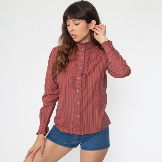 80s Puff Sleeve Button-Up Blouse Orange Red Striped Ruffled Long Sleeve Small