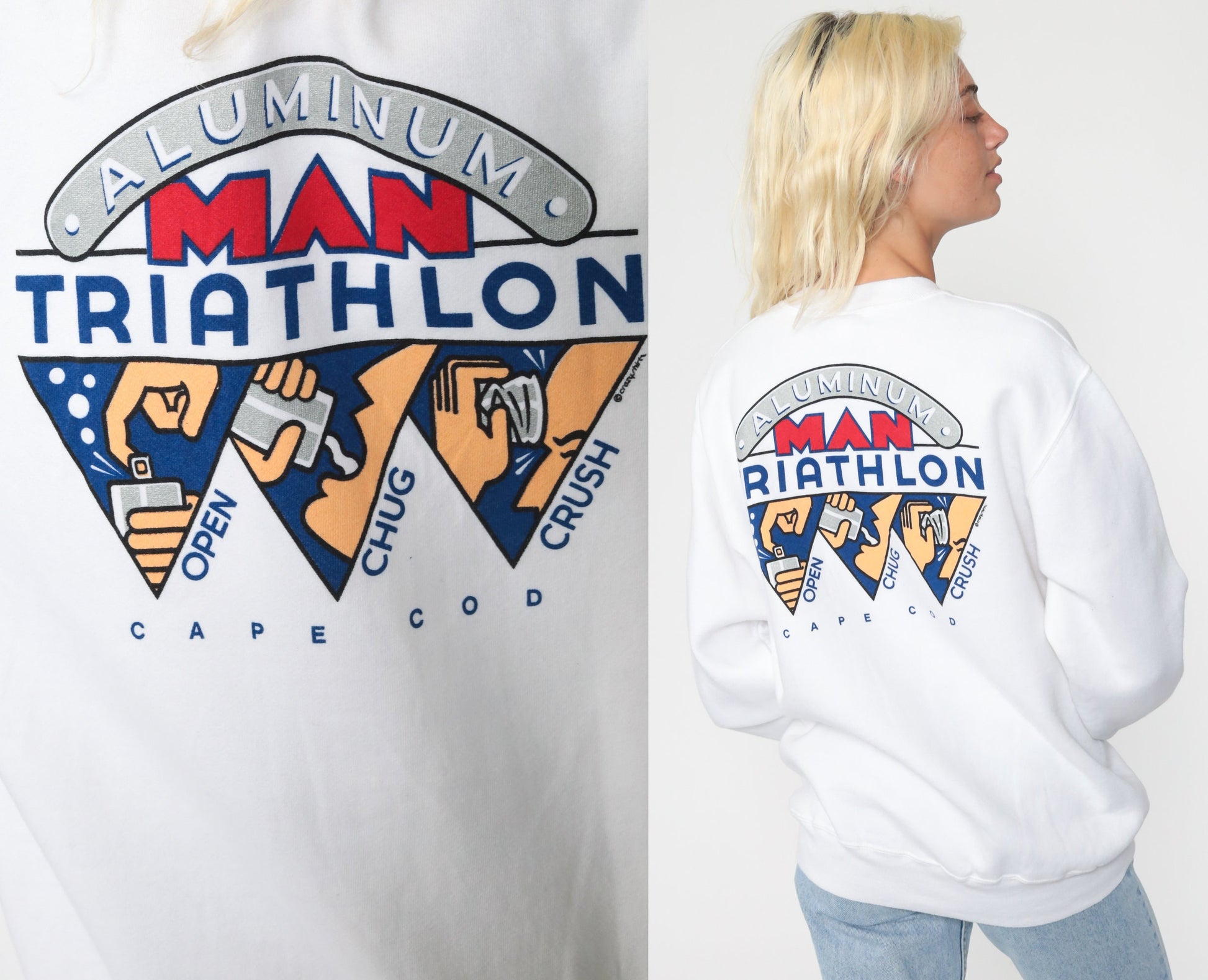 80s Crazy Shirts Cape Cod Drinking Triathlon Graphic Sweatshirt White Medium