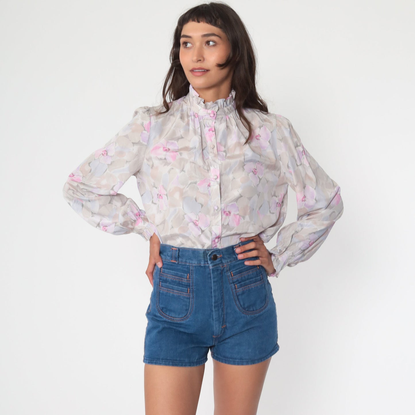 70s Floral Ruffle Button-Up Blouse Purple Pastel Long Sleeve Medium