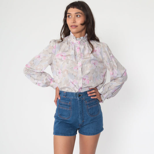 70s Floral Ruffle Button-Up Blouse Purple Pastel Long Sleeve Medium