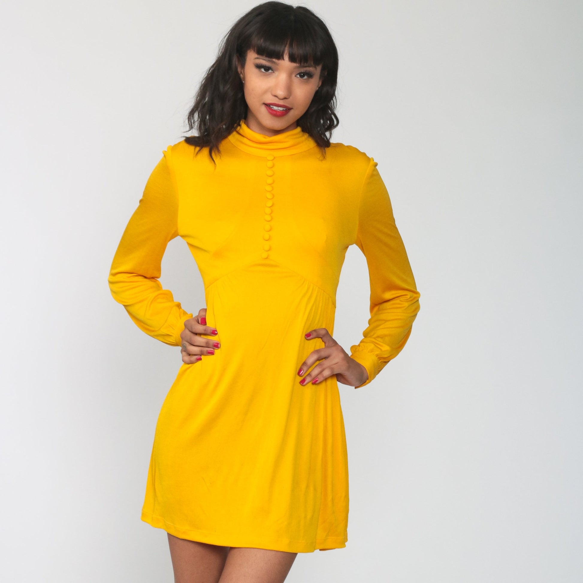 70s Yellow Babydoll Mini Dress Empire Waist Funnel Neck Long Sleeve Extra Small